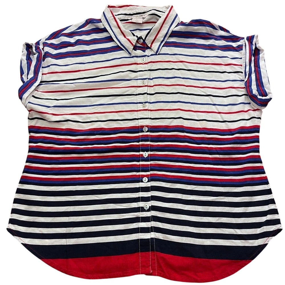 Allison Daley Multicolor Striped Button Front Top PL Short Sleeve Cuffed Rayon